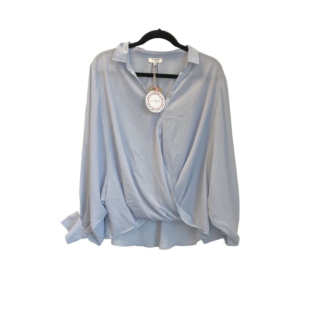 NWT Umgee Women’s Sz S USA Light Blue Flowy Criss Cross Wrap Blouse Long Sleeve